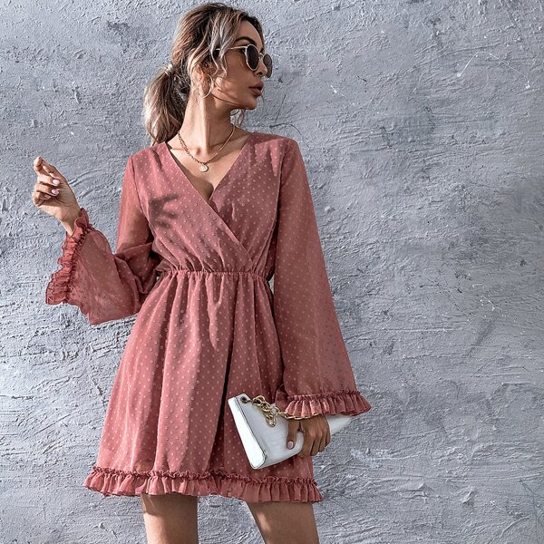 

Swiss Dot Ruffle Hem Surplice Neck Dress, Dusty pink