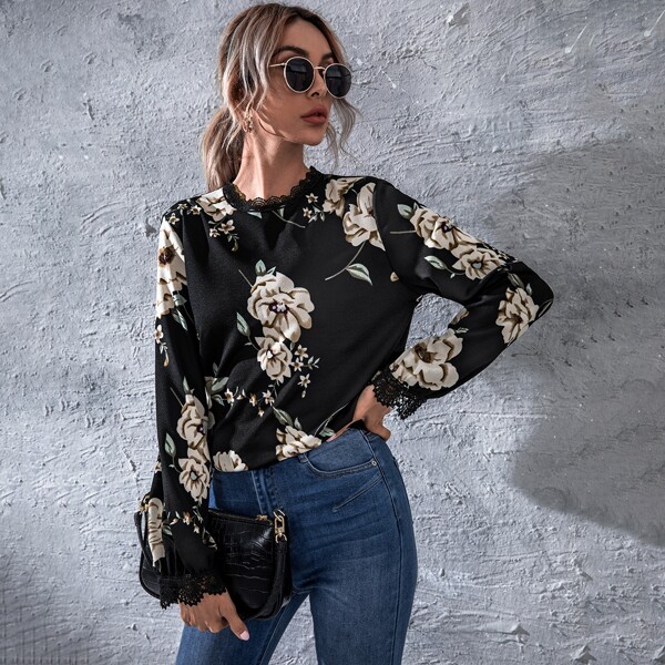 

Floral Print Lace-Neck Blouse, Black