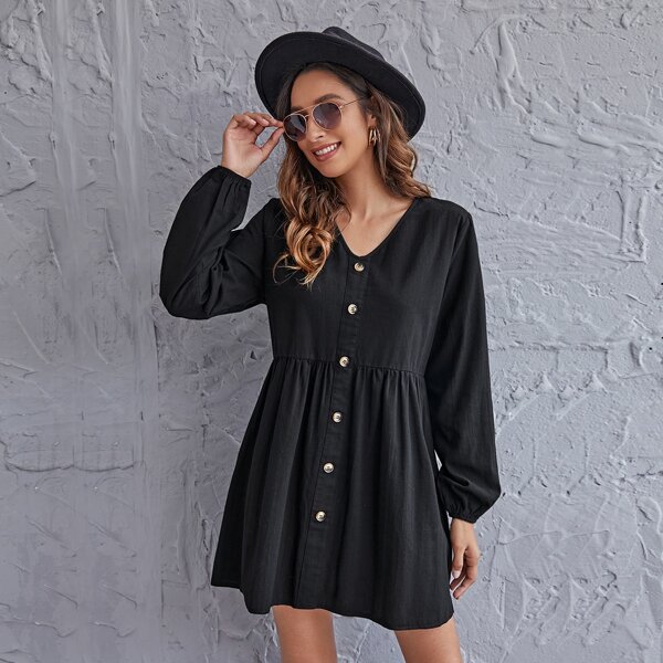 

Button Front Smock Dress, Black