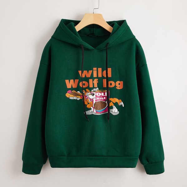 

Letter and Cartoon Graphic Hoodie, Dark green