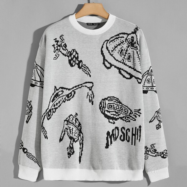 

Men Letter & Graphic Pattern Sweater, Light grey
