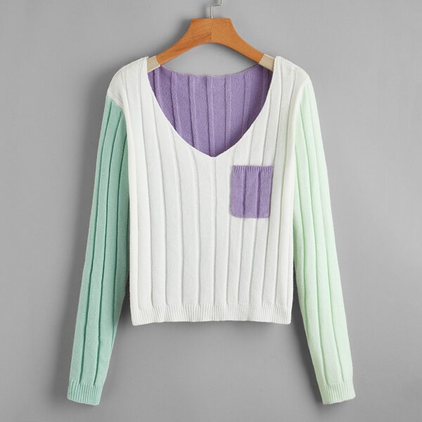 

V Neck Color Block Sweater, Multicolor
