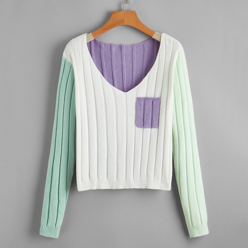 

V Neck Color Block Sweater, Multicolor