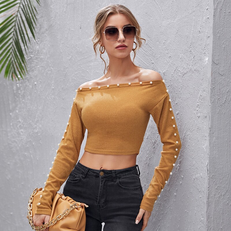 

Off Shoulder Pearl Beaded Tee, Brown