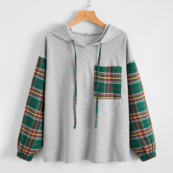 

Tartan Panel Pocket Patched Drawstring Hoodie, Grey