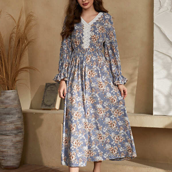 

Floral Contrast Lace Flounce Sleeve A-line Dress, Multicolor