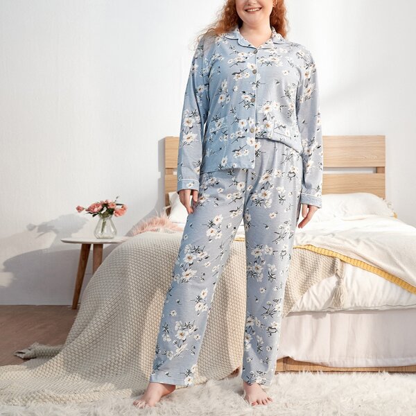 

Plus Allover Floral Pocket Pajama Set, Grey