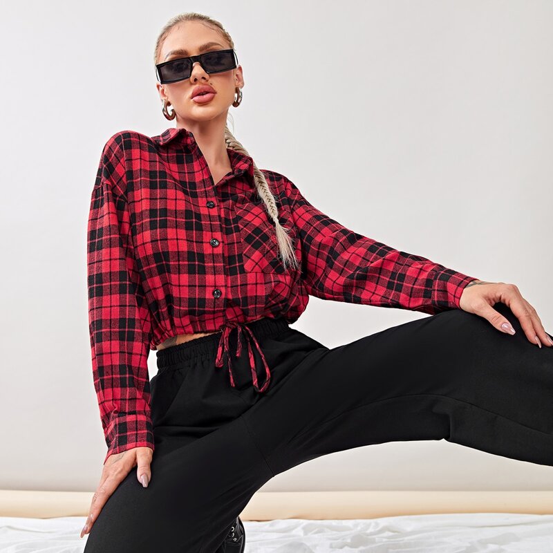 

Drop Shoulder Drawstring Hem Plaid Blouse, Multicolor