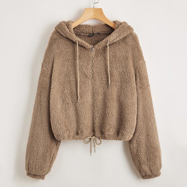 

Drop Shoulder Drawstring Detail Teddy Hoodie, Mocha brown