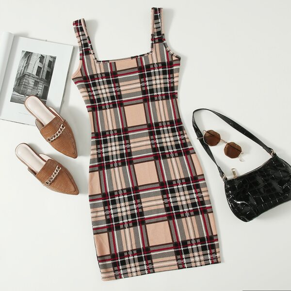 

Double Square Neck Plaid Bodycon Dress, Multicolor