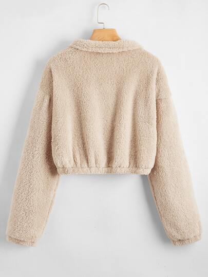 Drop Shoulder Half Zipper Placket Teddy Pullover