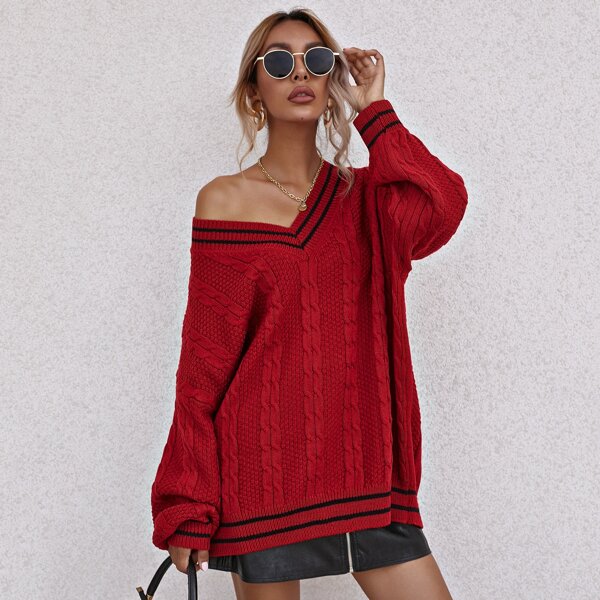 

Drop Shoulder Striped Sweater, Red