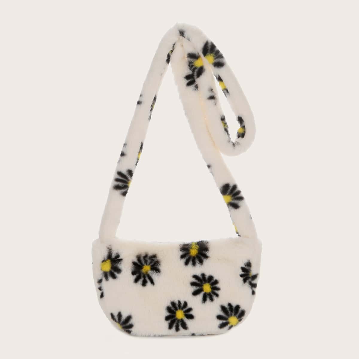 

Flower Graphic Fluffy Crossbody Bag, Black and white