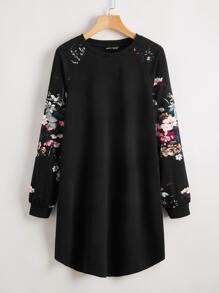 SHEIN LUNE Floral Print Raglan Sleeve Curved Hem Tee Dress