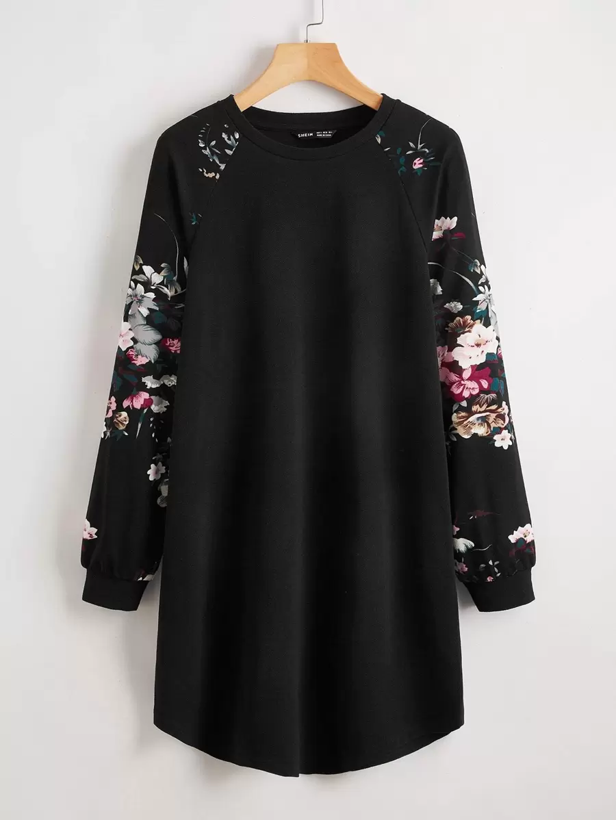 SHEIN LUNE Floral Print Raglan Sleeve Curved Hem Tee Dress