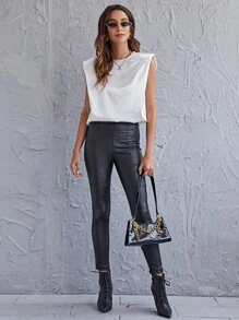 SHEIN Unity Shoulder Pad Satin Top - White - View 3