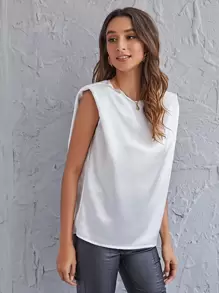 SHEIN Unity Shoulder Pad Satin Top - White - View 4