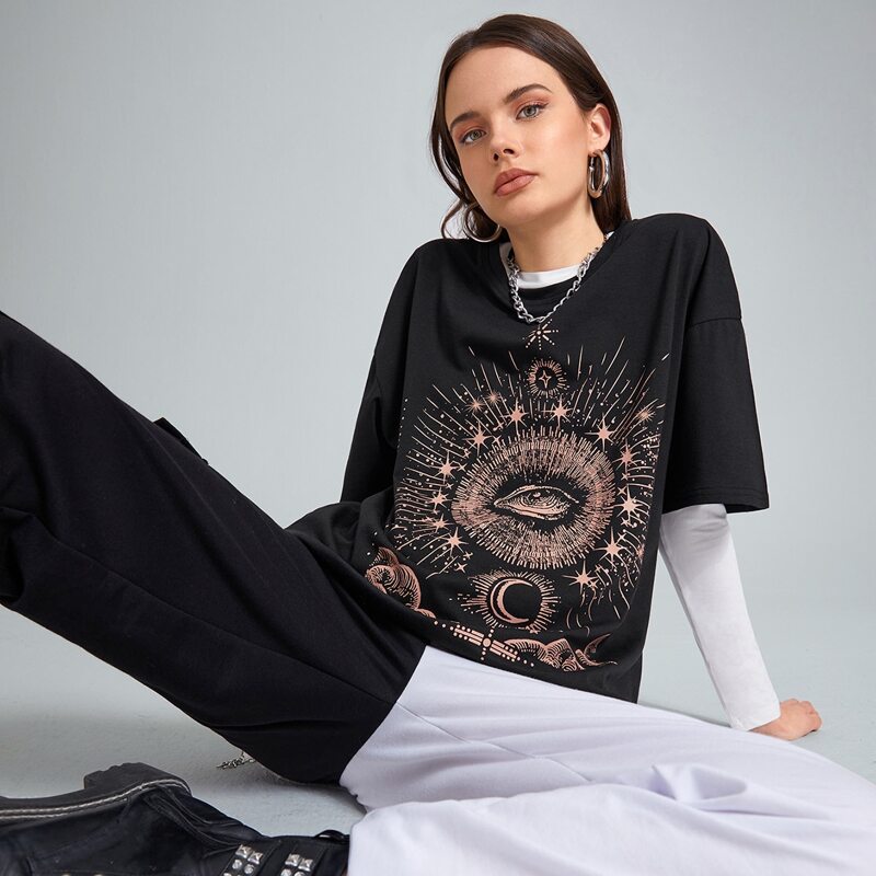 

Graphic Print Oversized Tee, Black