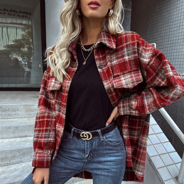 

Tartan Drop Shoulder Flap Detail Overshirt, Multicolor