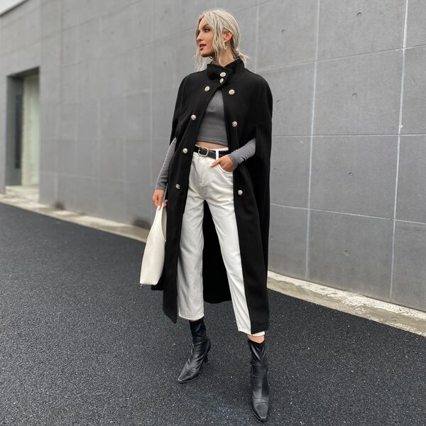 

Double Breasted Longline Cape Coat, Black