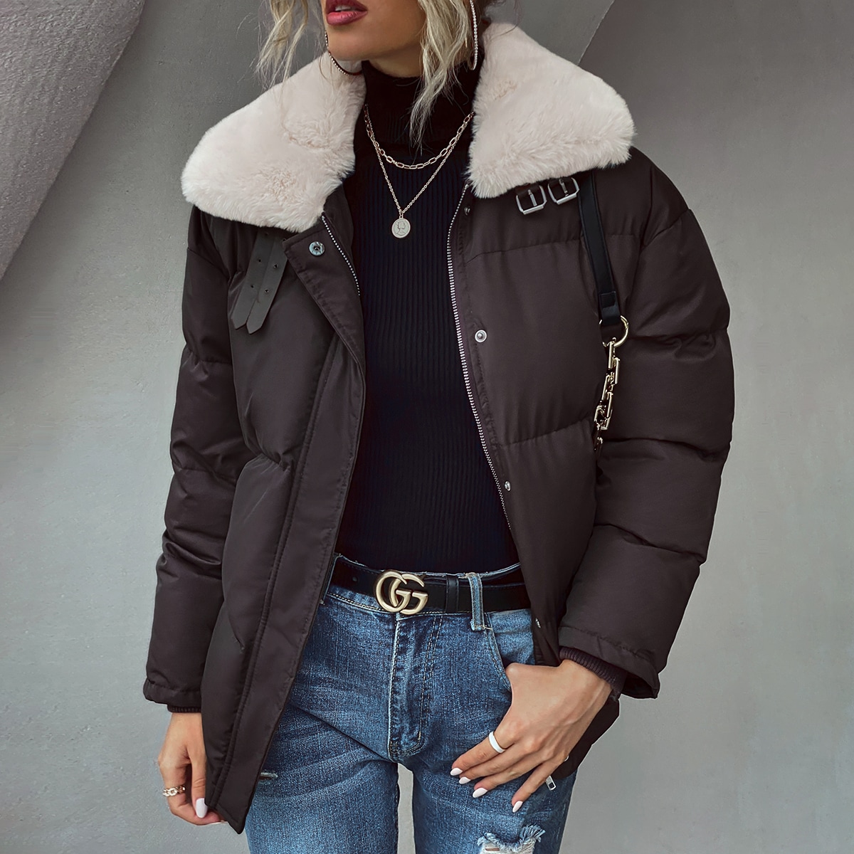 Image of Contrast Teddy Collar Puffer Jacket