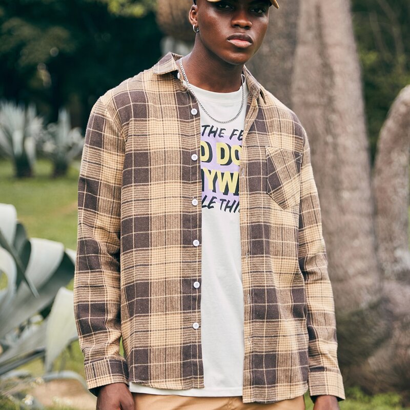 

Guys Pocket Front Plaid Shirt, Apricot