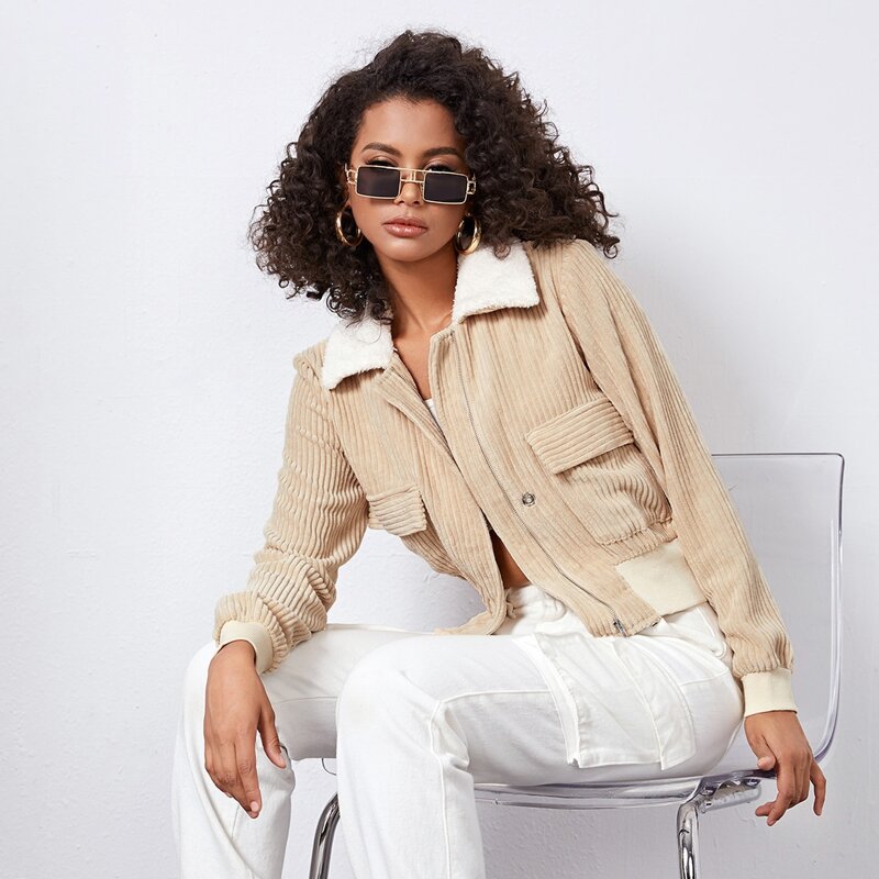 

Contrast Faux Shearling Collar Flap Detail Cord Jacket, Beige