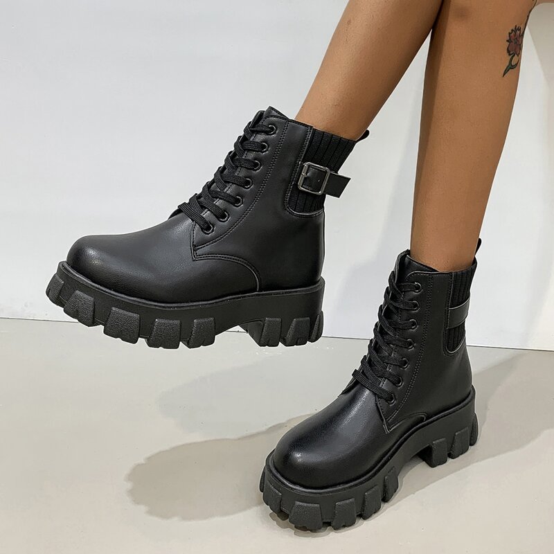 

Buckle Decor Lace-up Front Combat Boots, Black