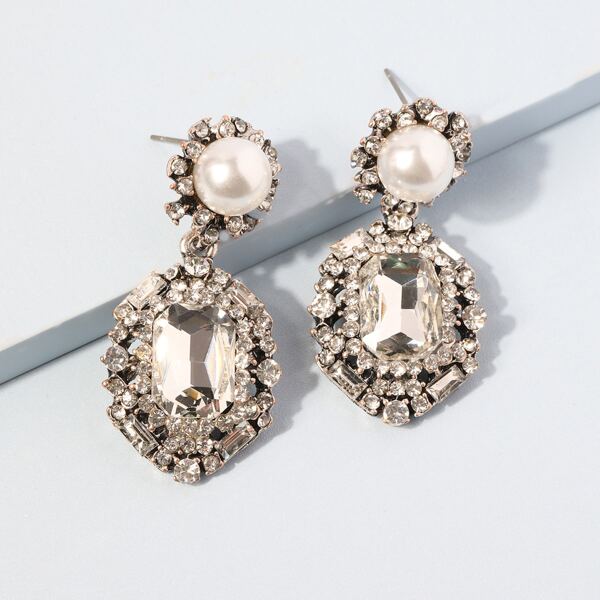 

Faux Pearl & Rhinestone Decor Drop Earrings, Silver