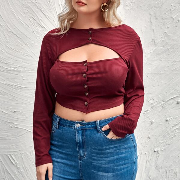 

Plus Solid Button Front Peekaboo Tee, Maroon