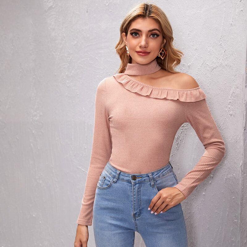 

Asymmetrical Neck Ruffle Trim Top, Coral pink