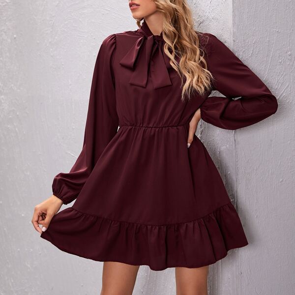 

Tie Neck Ruffle Hem Dress, Maroon