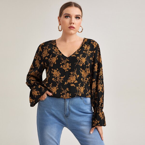 

Plus Flounce Sleeve Floral Top, Multicolor