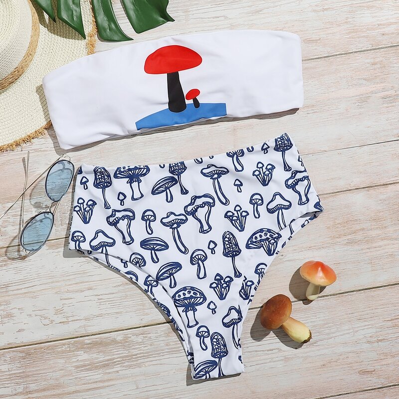 

Mushroom Print Bandeau Bikini Swimsuit, Multicolor
