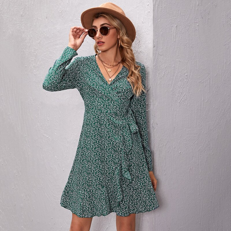 

Wrap Tie Side Ruffle Trim Plants Print Dress, Dark green