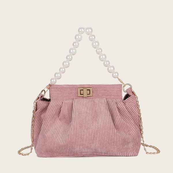

Faux Pearls Handle Corduroy Ruched Bag, Pink