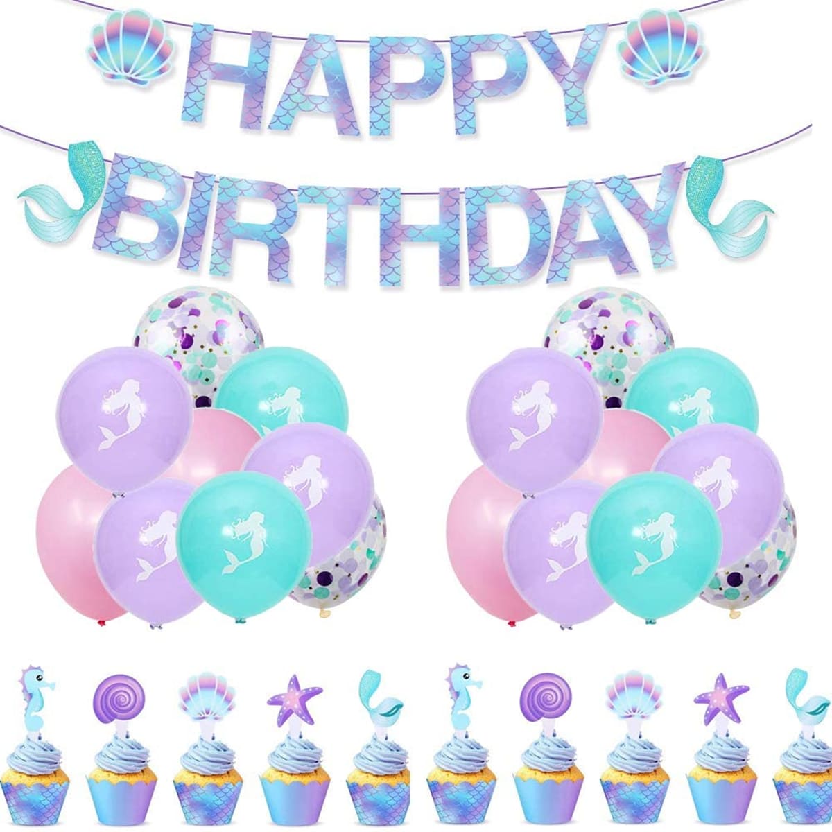 

91pcs Mermaid Balloon & Cake Topper Set, Multicolor