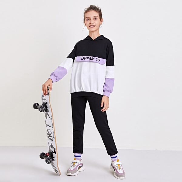 

Girls Letter Graphic Colorblock Hoodie & Joggers Set, Black and white