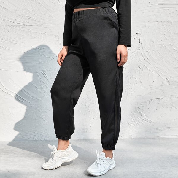 

Plus Elastic Waist Solid Sweatpants, Black