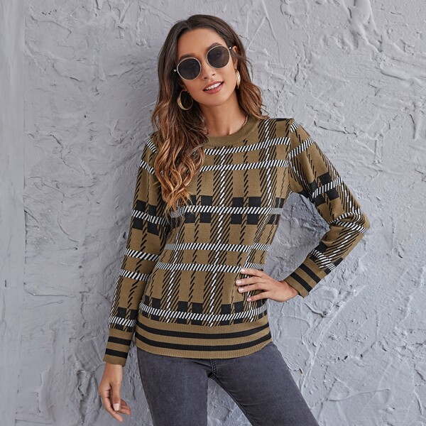 

Striped and Plaid Pattern Sweater, Multicolor