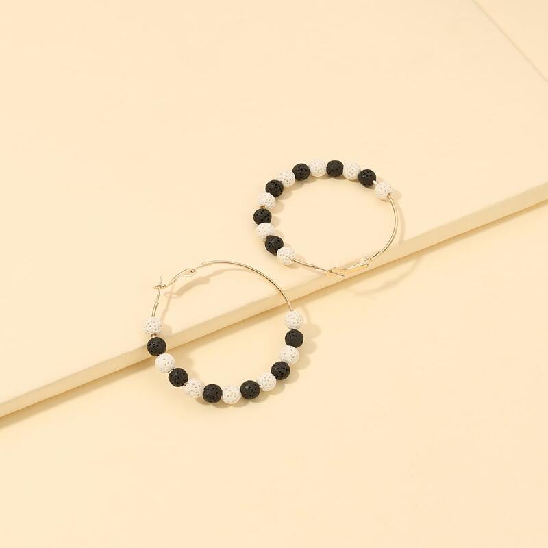 

Beaded Hoop Earrings, Black and white