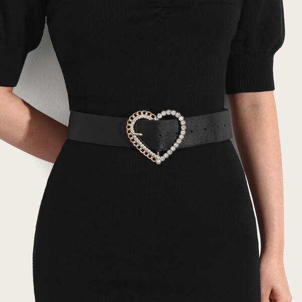 

Heart Shaped Buckle Wide Belt, Black