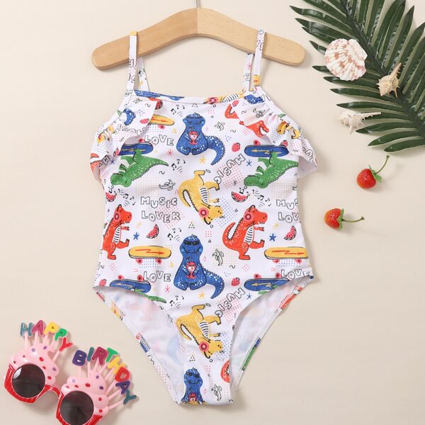 

Girls Cartoon Graphic Ruffle One Piece Swimsuit, Multicolor