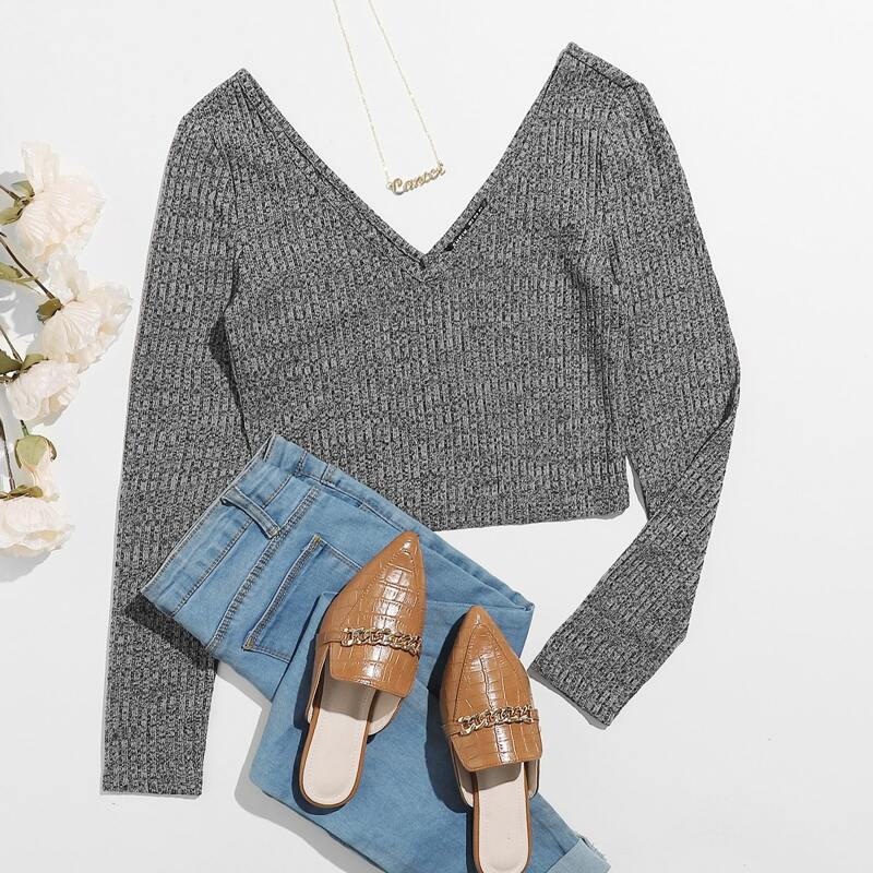 

Solid Rib-knit Crop Tee, Grey