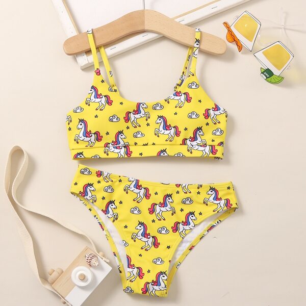 

Girls Cartoon Unicorn Print Bikini Swimsuit, Multicolor