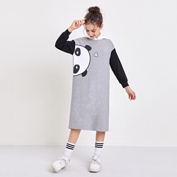 

Girls Cartoon Print Drop Shoulder Hooded Sweatshirt Dress, Light grey