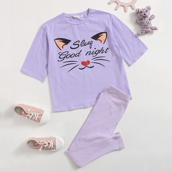 

Girls Cartoon and Slogan Graphic Tee and Leggings PJ Set, Pastel lilac purple