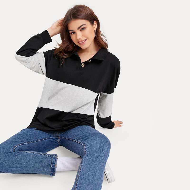 

Contrast Panel Polo Neck Sweatshirt, Black