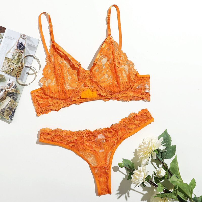 

Solid Lace Lingerie Set, Orange
