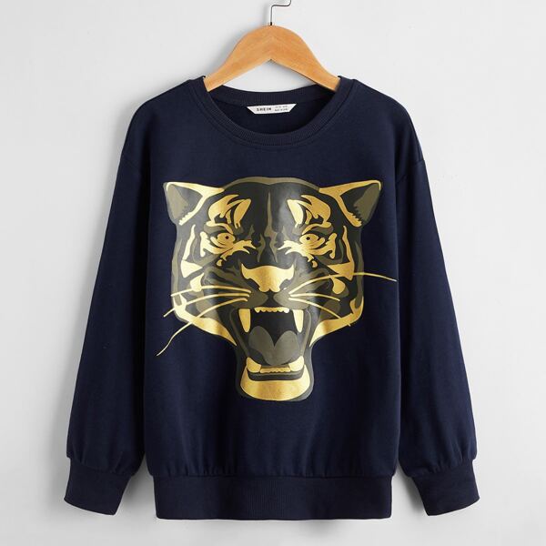 

Boys Leopard Print Drop Shoulder Pullover, Navy blue